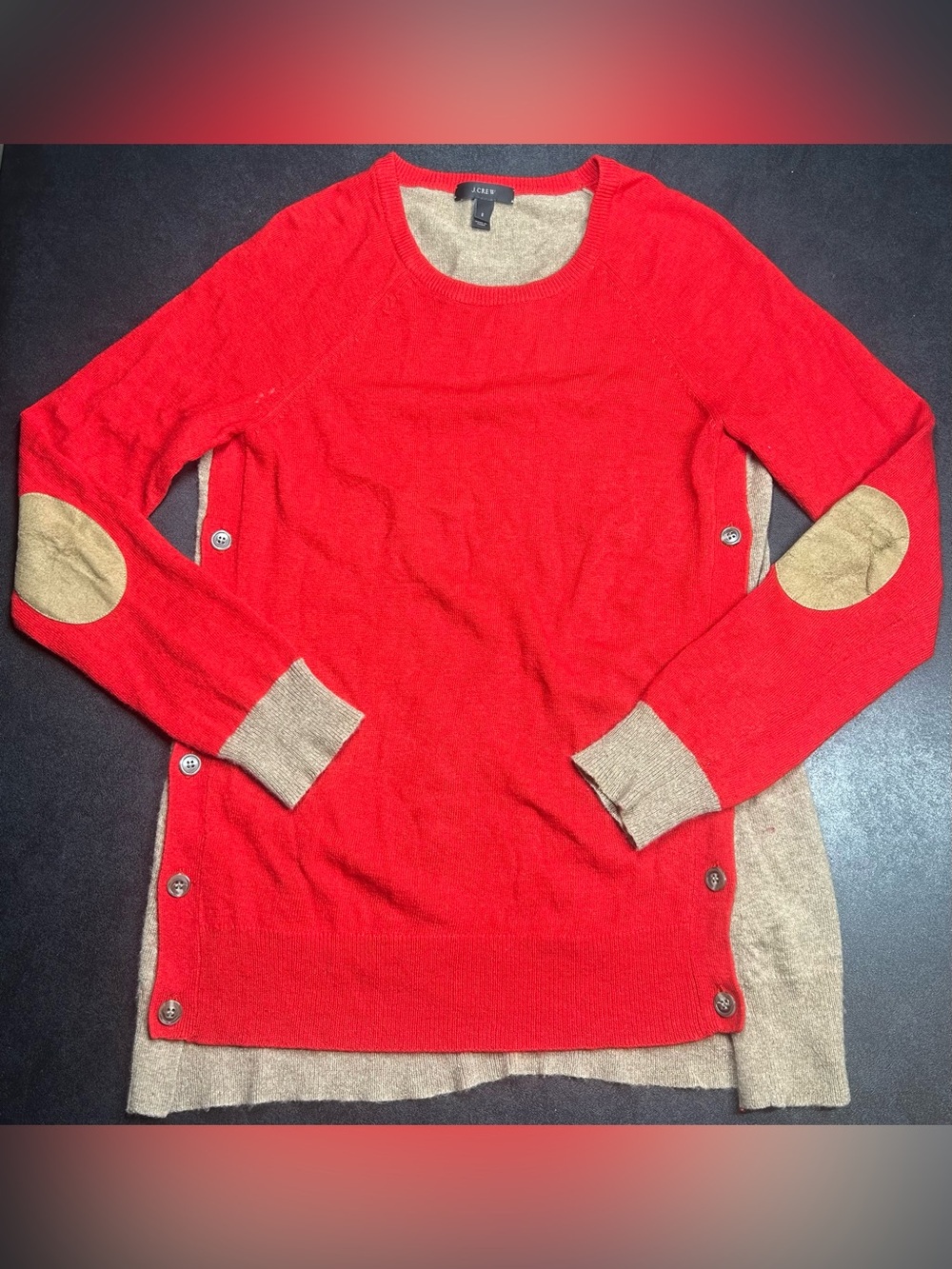J. Crew Size S Color Block Wool Rabbit Button Asymmetrical Elbow Patches Sweater